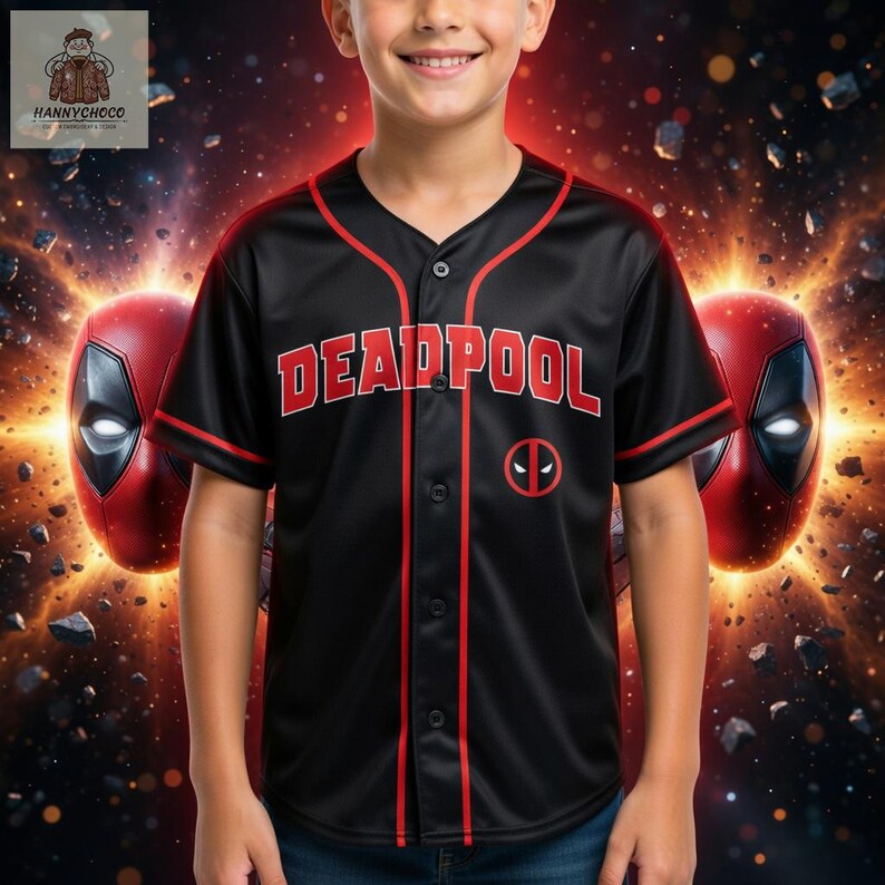 A young boy wearing a black baseball jersey with the word "DEADPOOL" printed on it, standing in front of a background with two red masks and a fiery explosion.