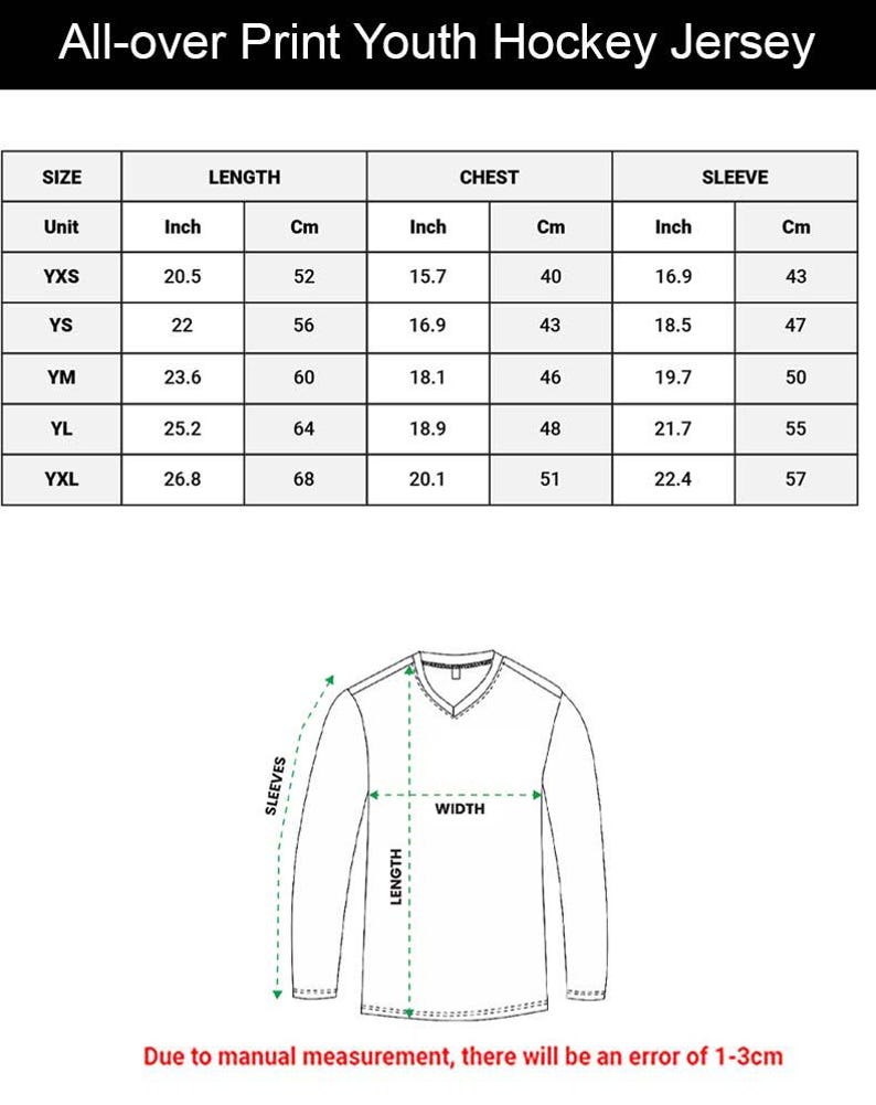The image is a print of a youth hockey jersey size chart, which includes measurements for chest, sleeve, and length. The chart provides the size and corresponding measurements for different jersey sizes, such as XXL, YXS, and YXS. The chart also includes a diagram of a youth hockey jersey, which shows the measurements for sleeves and width. The image is due to manual measurement, and there will be an error of 1-3 cm.