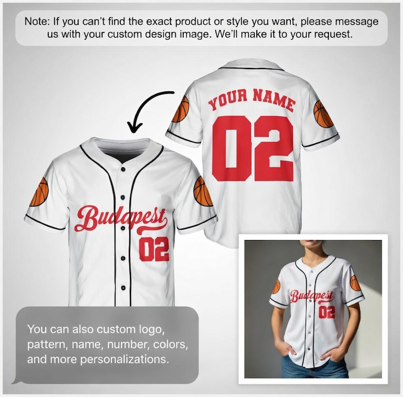The image is a collage of two images. The first image shows a white baseball jersey with the word "Budapest" printed on it, and the second image shows a person wearing the same jersey.