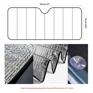 The image is a collage of three photos: a close-up of a silver foil material, a close-up of a suction cup, and a close-up of a car windshield. The collage includes a diagram of a windshield sunshade, and the image is accompanied by a note that says "Due to manual measurement, there will be an error of 1-3cm".