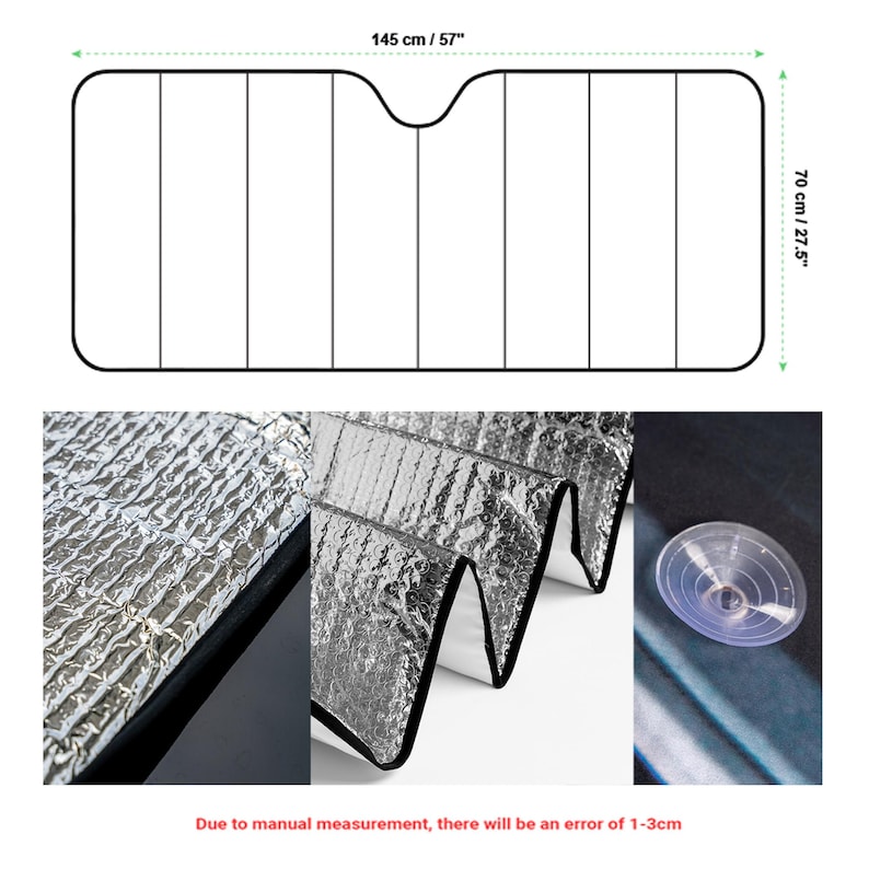 The image is a collage of three photos: a close-up of a silver foil material, a close-up of a suction cup, and a close-up of a car windshield. The collage includes a diagram of a windshield sunshade, and the image is accompanied by a note that says "Due to manual measurement, there will be an error of 1-3cm".