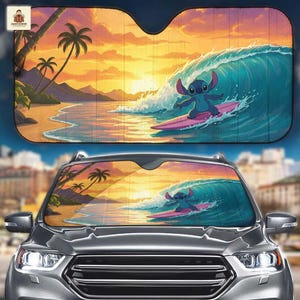 Surfing Stitch Car Sun Shade, Tropical Beach Lilo and Stitch Windshield Sunshade, Funny Sunset Ocean Auto Front Window Cover