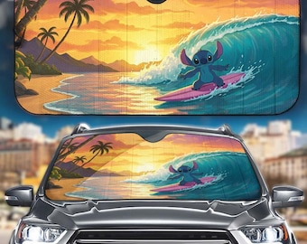 Surfing Stitch Car Sun Shade, Tropical Beach Lilo and Stitch Windshield Sunshade, Funny Sunset Ocean Auto Front Window Cover