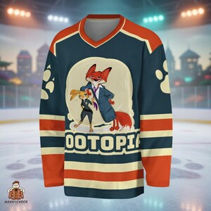 A hockey jersey with a cartoon image of an animated fox character on the front.
