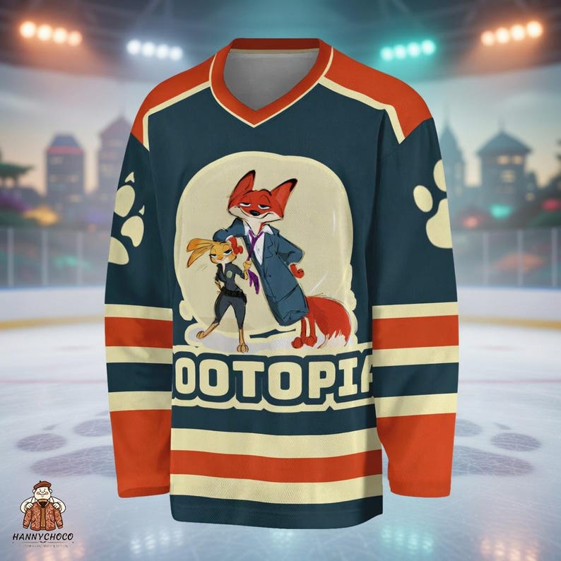 A hockey jersey with a cartoon image of an animated fox character on the front.