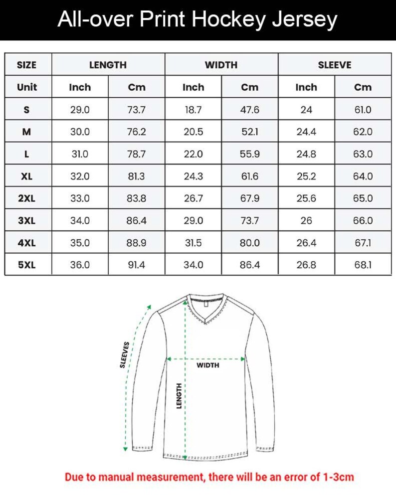 The image is a table with measurements and sizes for a hockey jersey, along with a diagram of the jersey and its measurements.