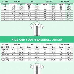 a detailed size chart for baseball jerseys, including sizes for US, XS, M, 2XL, 4XL, and 5XL, along with corresponding measurements such as bust, sleeve, and shoulder length. The chart also includes a separate section for kids and youth baseball jerseys, which are smaller in size compared to the adult sizes. The chart is designed to provide accurate measurements for each size, and there is a note that manual measurement may result in an error of 1-3 cm.