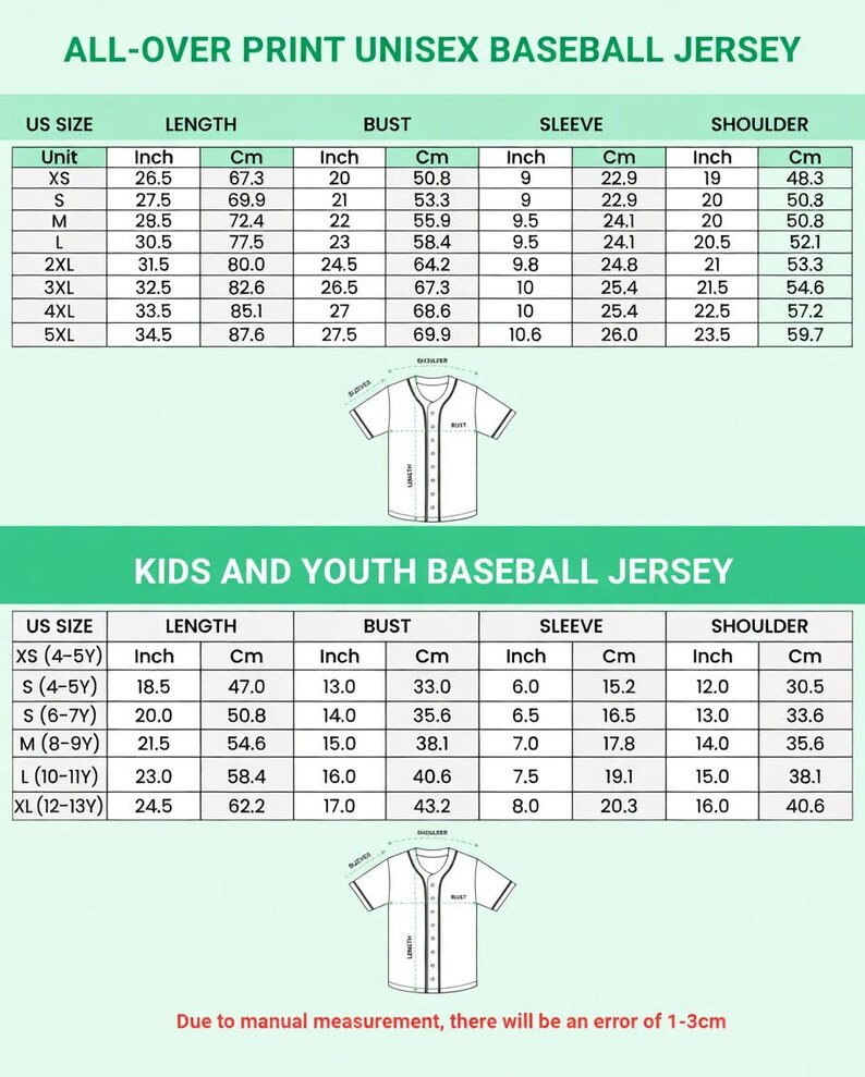 a detailed size chart for baseball jerseys, including sizes for US, XS, M, 2XL, 4XL, and 5XL, along with corresponding measurements such as bust, sleeve, and shoulder length. The chart also includes a separate section for kids and youth baseball jerseys, which are smaller in size compared to the adult sizes. The chart is designed to provide accurate measurements for each size, and there is a note that manual measurement may result in an error of 1-3 cm.