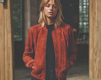 Women's Vintage Red Suede Jacket | Stylish Zipper Leather Coat | Retro Casual Fall Outerwear