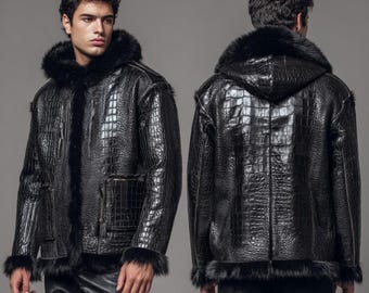 Handgefertigte schwarze Lammfell-Leder-Moto-Jacke | Herren Wintermode