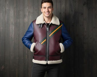 Herren Lammfell Leder Bikerjacke | Pelzkragen Wintermantel