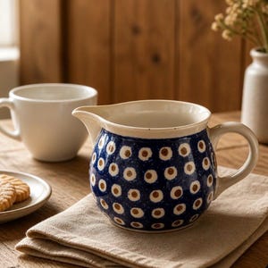 Könnte beinhalten: Eine blau-weiße Keramik-Sahnekännchen mit Henkel und Ausguss, verziert mit einem Muster aus weißen Kreisen mit braunen Zentren. Eine weiße Tasse und ein Teller mit Keksen sind ebenfalls auf einem Holztisch zu sehen.