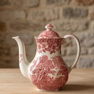 Può includere: Una teiera in ceramica color crema con un dettagliato motivo a trasferimento rosso. Il design raffigura un paesaggio con alberi e fogliame, completato da un motivo floreale attorno al coperchio e al collo. Include un manico e un beccuccio curvi.