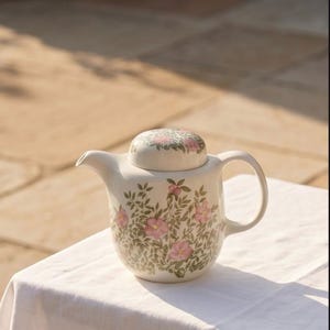 Könnte beinhalten: Eine cremefarbene Keramik-Teekanne mit Deckel, verziert mit einem Blumendesign aus rosa Rosen und grünen Blättern. Die Teekanne hat einen gebogenen Ausguss und einen abgerundeten Griff. Sie steht auf einer weißen Tischdecke, mit Schatten.