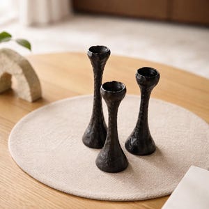 Set of 3 Black Sculptural Ceramic Candle Holders / Objects