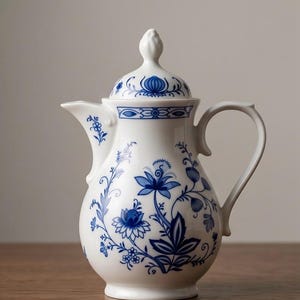 Könnte beinhalten: Weiße Kaffeekanne aus Keramik mit blauem Blumenmuster. Die Kanne hat einen gebogenen Griff, einen Ausguss und einen Deckel mit dekorativem Knauf. Das blaue Blumendesign bedeckt den Körper und den Deckel der Kanne.