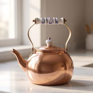 Vintage Copper Tea Kettle – Blue and White Porcelain Handle – Cottage Kitchen Decor