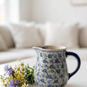 Hand-Painted Ceramic Pitcher - Rustic White and Blue Floral Jug