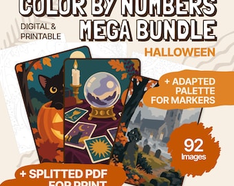 May include: A digital and printable Halloween color by numbers mega bundle featuring 92 images. The graphic displays three colored illustrations: a black cat in a pumpkin, a crystal ball with tarot cards, and a graveyard scene with a church.