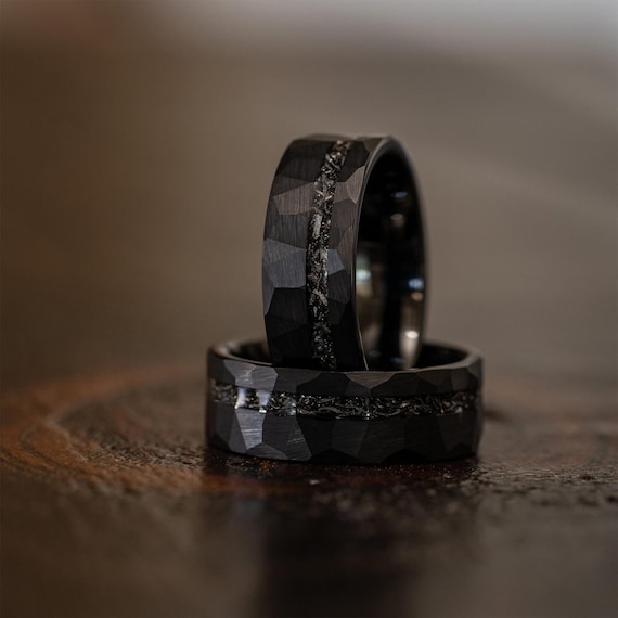 Hammered Tungsten Meteorite Ring: meteorite inlay and black gold plating Mens unique engagement gift