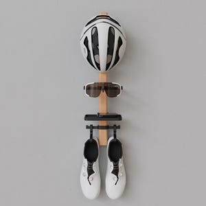 Cycling Gear Organiser made from Solid Oak and 3d Printed Technology | Wall mount for Helmet, Sunglasses, Shoes and Bike Computer.