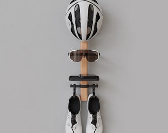 Solid Oak Cycling Gear Rack | Helmet, Shoes, Sunglasses Organizer