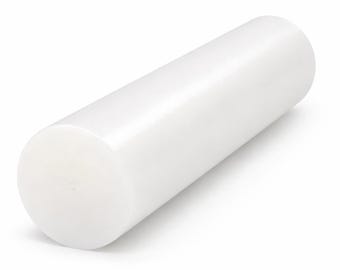 Barra de plástico HDPE com 80 mm de diâmetro e 300 mm de comprimento, PE500 (polietileno de alta densidade) translúcido branco.