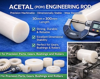 Barra redonda de acetal de 30 mm, em plástico de engenharia POM branco natural, para usinagem CNC.
