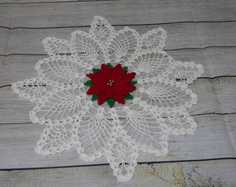 Hand Crocheted 16" Diameter Christmas Poinsettia Table Doily