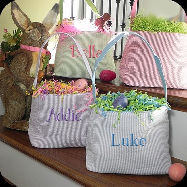 Seersucker Easter Basket Personalized, Monogrammed or Blank,  Easter Tote,  Embroidered Boys or Girls, 5 Color Choices