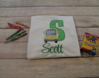 Child Personalized Initial Embroidered School Bus Shirt Back to School