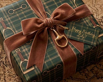 Luxury Green Plaid Gift Wrap Equestrian Horse Wrapping Paper Country Club Style Ralph Lauren Inspired Holiday Gift