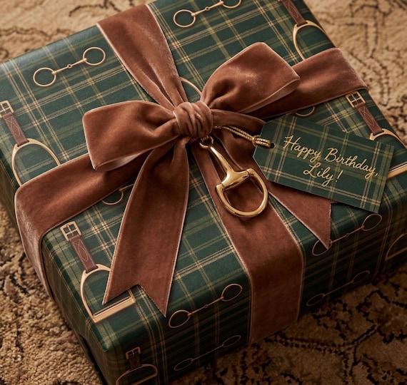 Luxury Green Plaid Gift Wrap Equestrian Horse Wrapping Paper Country Club Style Ralph Lauren Inspired Holiday Gift
