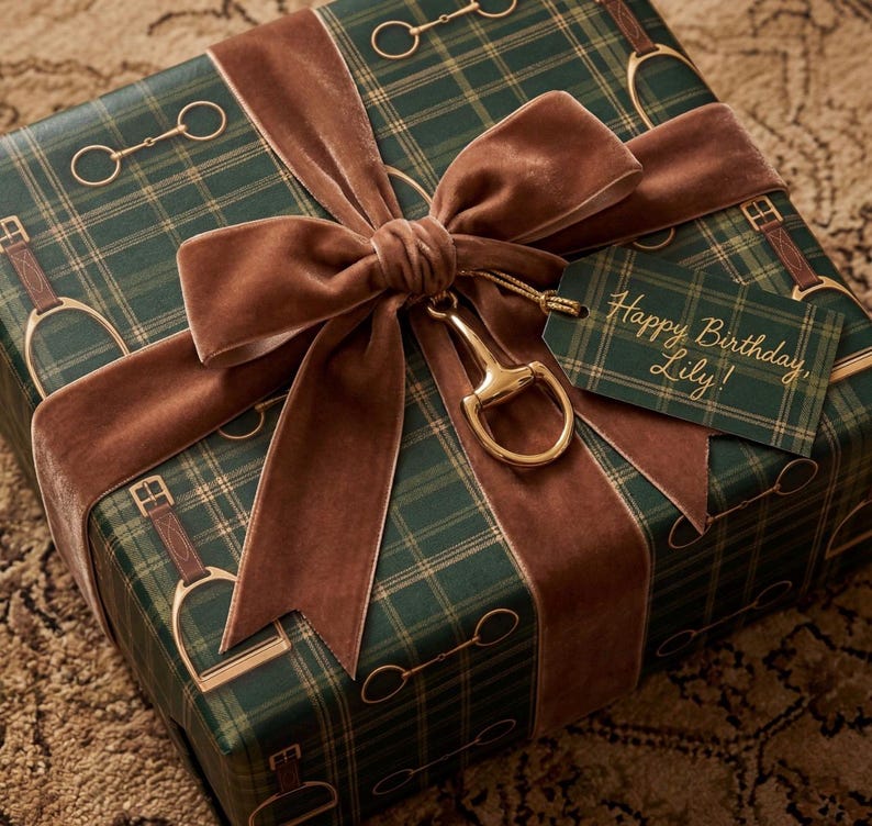 luxury equestrian plaid gift wrap horse lover wrapping paper green tartan gift wrap Ralph Lauren style countryside gifting luxury present wrap