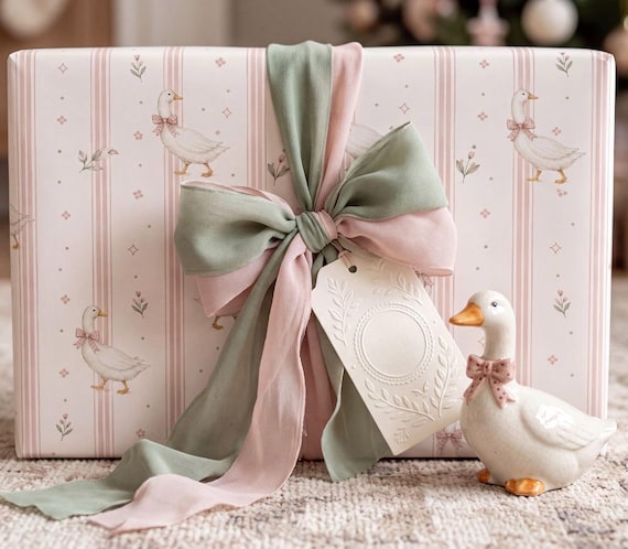 Pink goose wrapping paper feminine birthday gift wrap baby shower wrapping paper little girl birthday paper cottagecore goose gift wrap