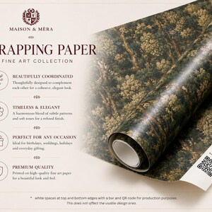 May include: A roll of wrapping paper featuring a dark green forest landscape print with trees and foliage. The product label reads MAISON & MERA WRAPPING PAPER FINE ART COLLECTION and includes a QR code on the white edge of the paper roll.