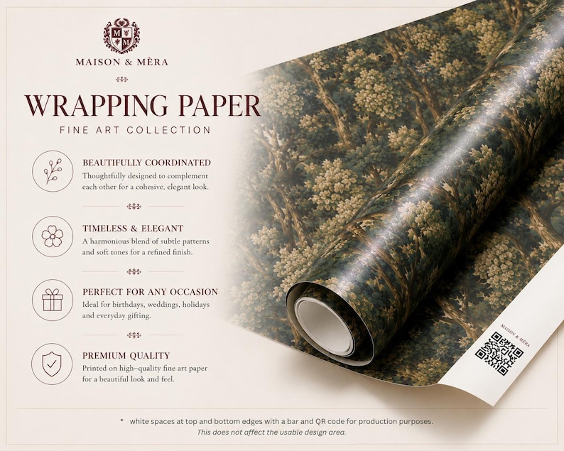 May include: A roll of wrapping paper featuring a dark green forest landscape print with trees and foliage. The product label reads MAISON & MERA WRAPPING PAPER FINE ART COLLECTION and includes a QR code on the white edge of the paper roll.