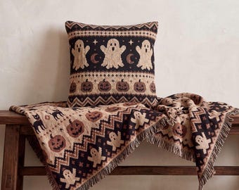 Halloween Fair Isle Throw Pillow Cozy Ghost Pumpkin Cushion Autumn Woven Accent Pillow Spooky Home Decor Cottage Halloween Decor Gift