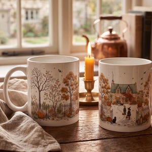 Peut inclure: Deux tasses en céramique blanche ornées d'une illustration automnale détaillée représentant une maison avec une clôture, des citrouilles orange et des arbres au feuillage d'automne. Le motif inclut des personnages costumés et un chat noir.