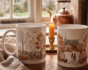 May include: Two white ceramic mugs featuring a detailed autumnal illustration of a house with a picket fence, orange pumpkins, and trees with fall foliage. The design includes small figures in costumes and a black cat, set against a soft, light background.