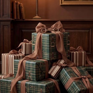 May include: A collection of wrapped gifts. Some are wrapped in green plaid paper with equestrian-themed designs and brown ribbon. Others are wrapped in brown and white striped paper. A decorative horse bit adorns one gift.