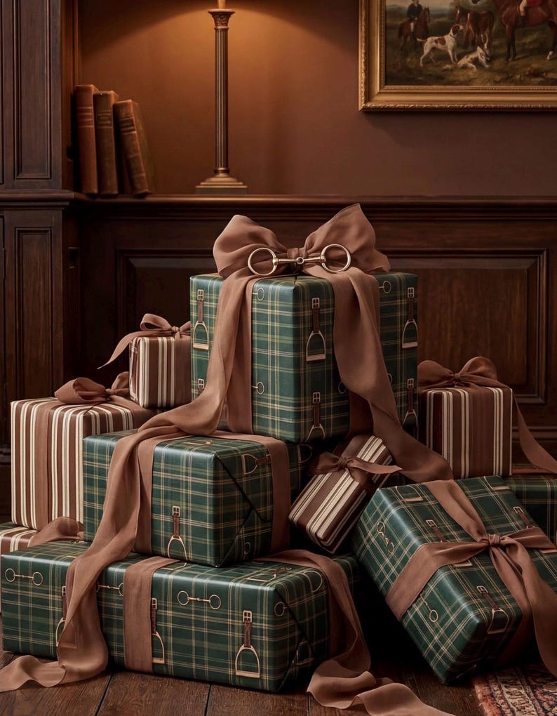 May include: A collection of wrapped gifts. Some are wrapped in green plaid paper with equestrian-themed designs and brown ribbon. Others are wrapped in brown and white striped paper. A decorative horse bit adorns one gift.