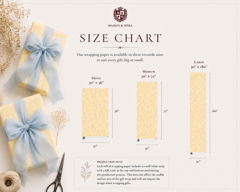 May include: A size chart for wrapping paper, with dimensions for small (30" x 36"), medium (30" x 72"), and large (30" x 180") sizes. The chart includes a production note about a QR code strip.