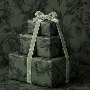 Dark Green Vintage Floral Gift Wrap Moody Botanical Wrapping Paper Elegant Peony Design Luxury Gift Wrap Romantic Classic Paper