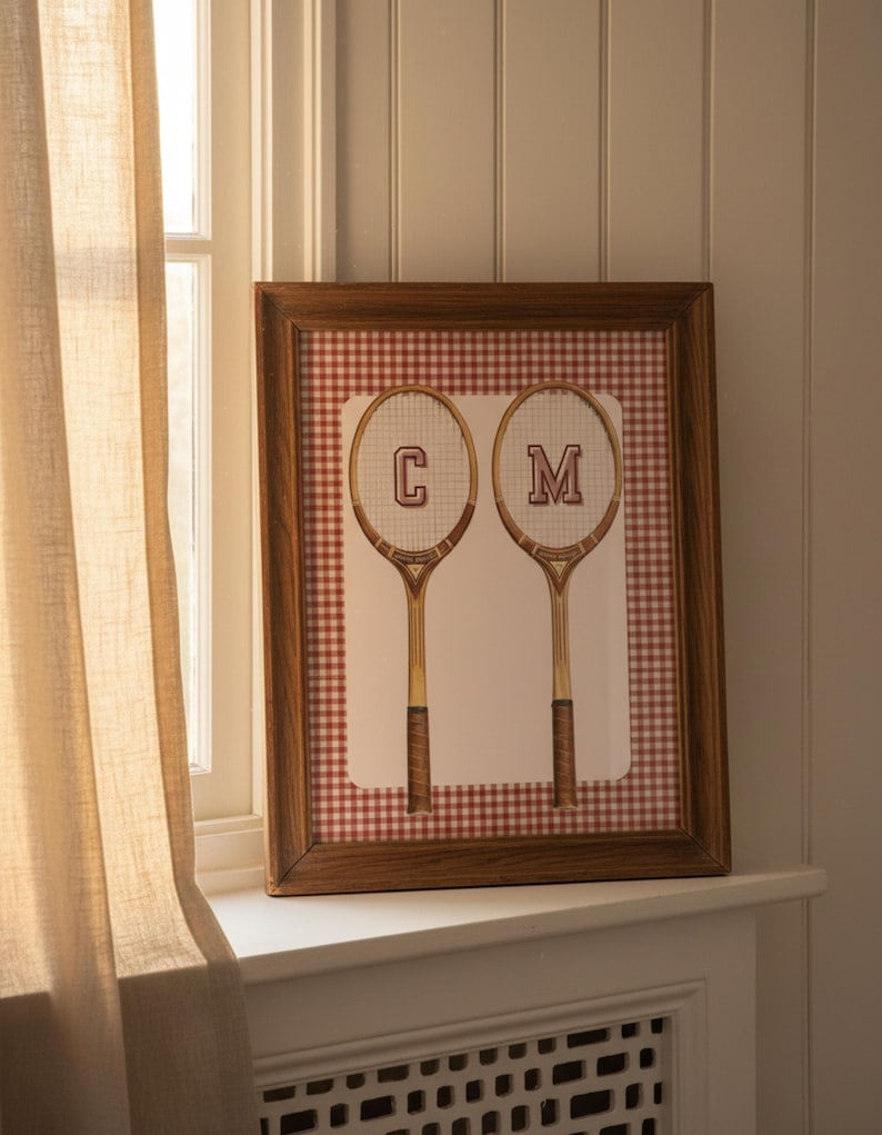 heritage nursery wall art boys room tennis decor vintage racquet print preppy childrens room wall art classic interior nursery artwork personalised baby decor
