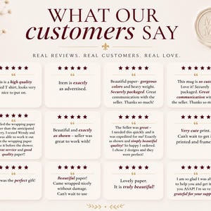 May include: A graphic display titled WHAT OUR CUSTOMERS SAY with the subtitle REAL REVIEWS. REAL CUSTOMERS. REAL LOVE. The image features twelve individual customer review boxes, each containing five stars and text testimonials about various products.