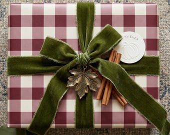 Bordeauxrode gingham-cadeauverpakking Herfstcadeaupapier Luxe cheque-cadeauverpakking Cadeauverpakking herfstgastvrouw Cottagecore-papier
