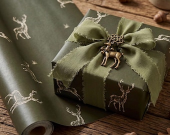 Luxury Woodland Deer Christmas Wrapping Paper Olive Green paper Rustic Holiday Gift Wrap Stag Wrapping Paper Neutral Christmas Present Wrap