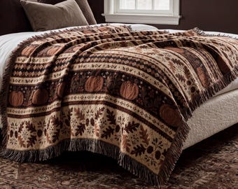 May include: A woven throw blanket featuring a repeating pattern of pumpkins, oak leaves, and acorns in shades of brown, tan, and cream. The blanket has a textured surface with horizontal bands of geometric designs and a fringed edge along the bottom.