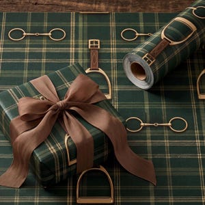 premium horse lover wrapping paper elegant green tartan equestrian gift wrap luxury country club style wrapping paper rolled gift wrap